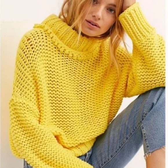 Free People Women Small My Only Sunshine Yellow Mock Neck Relaxed Boho Sweater - Picture 3 of 15
